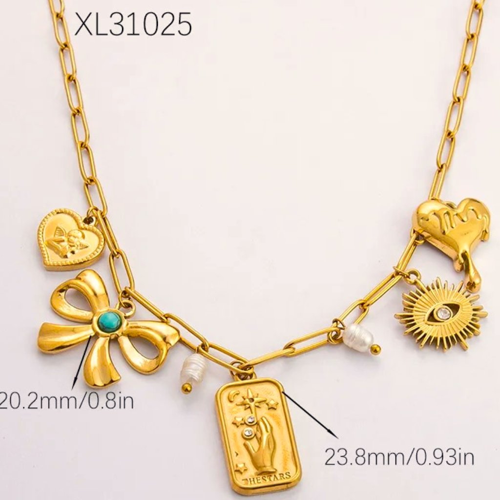 Charm Necklace In Matte Gold Dip With A Tarot Card Of The Sun, Hearts, And Bows